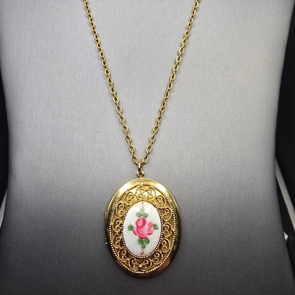 VTG Avon Pink Rose Guilloche Enamel Locket Necklace 32" Gold Tone Uncas - Picture 12 of 16